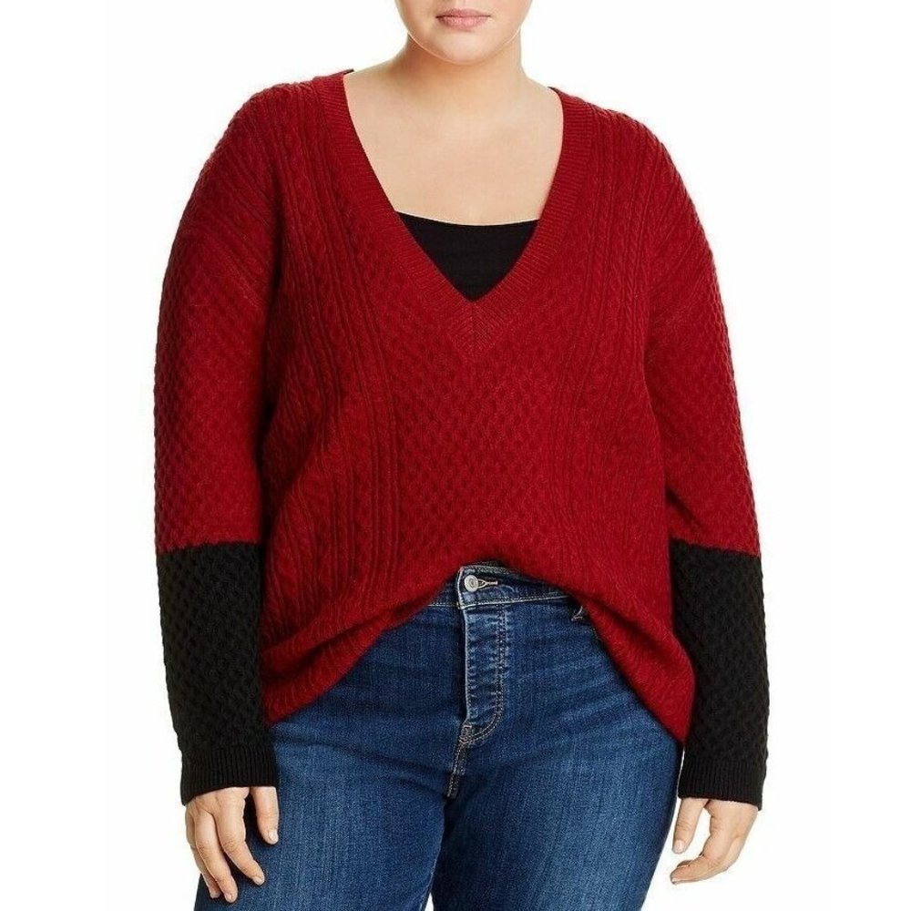 Lysse Lily Color Block Sweater XL 1X 2X V Neck Pullover Ruby Red Cable Knit